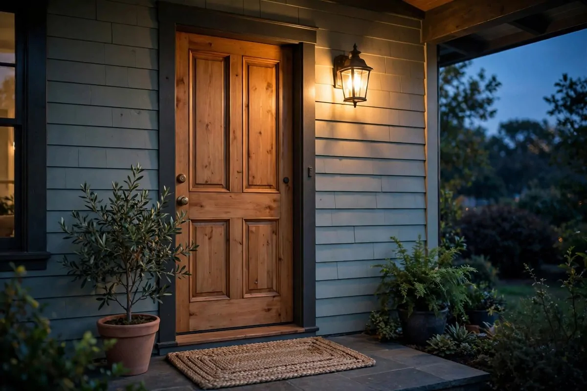 30 Cozy Home Ideas That Feel Like a Warm Hug 27 Porch light glowing with a warm bulb at dusk outside a home entrance