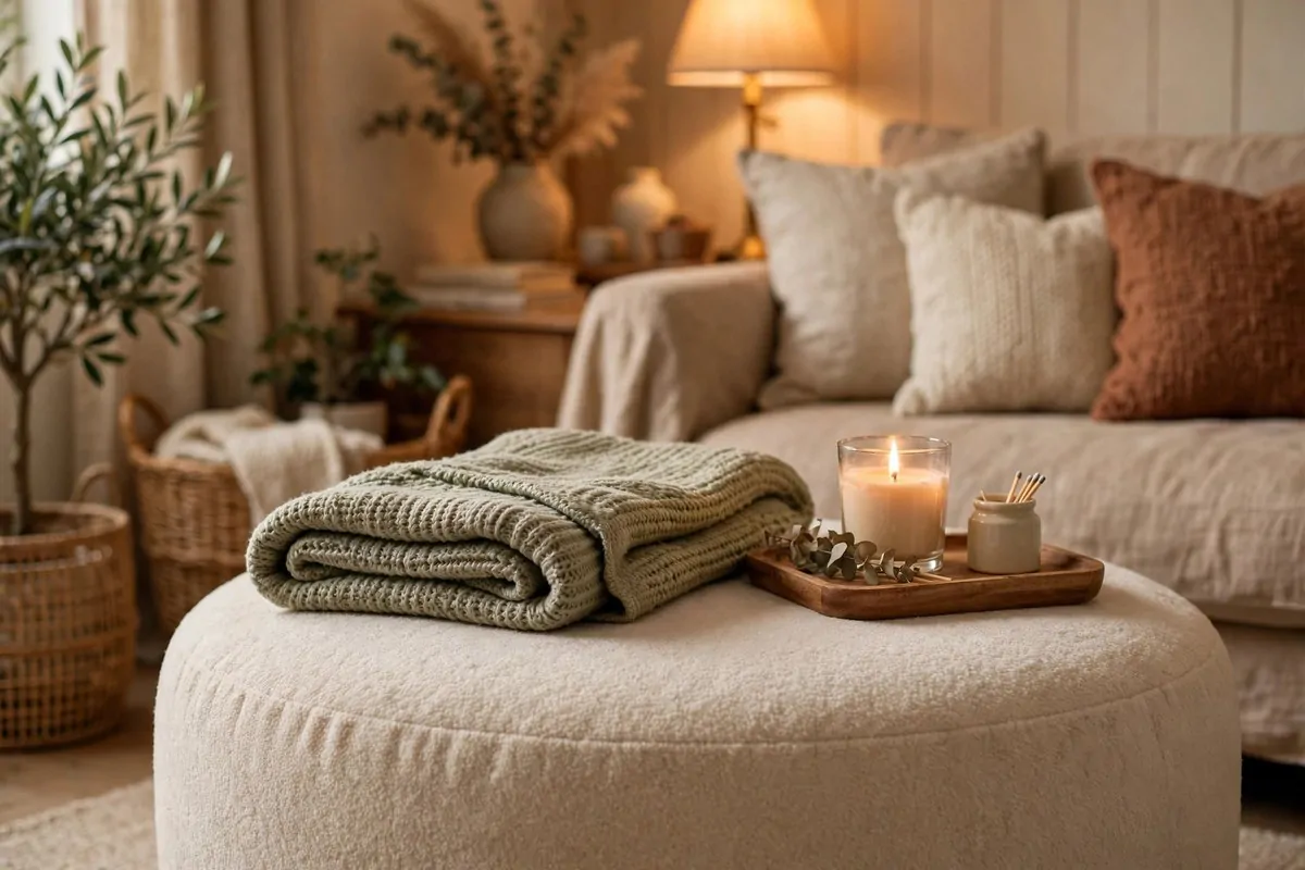 30 Cozy Home Ideas That Feel Like a Warm Hug 28 Round fabric ottoman with a folded throw in a warm living room