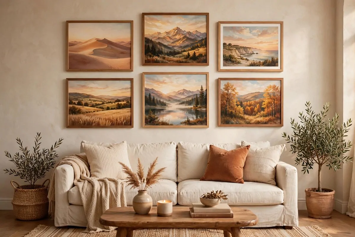 30 Cozy Home Ideas That Feel Like a Warm Hug 29 Gallery wall of warm landscape art prints in wooden frames above a sofa