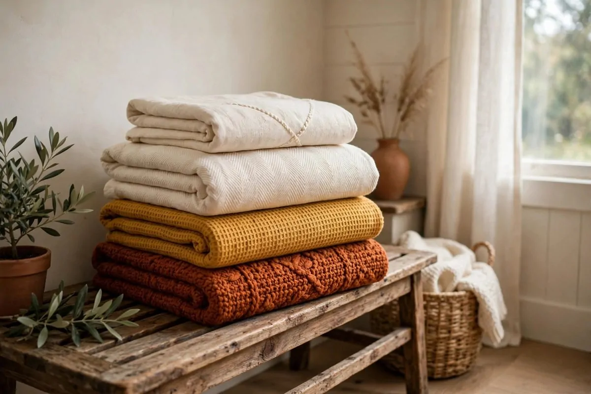 30 Cozy Home Ideas That Feel Like a Warm Hug 30 Neat stack of folded throw blankets and pillows in warm autumn colors