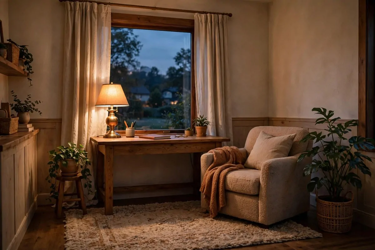 Warm cozy home office with soft light, rug and plants, distraction-free space