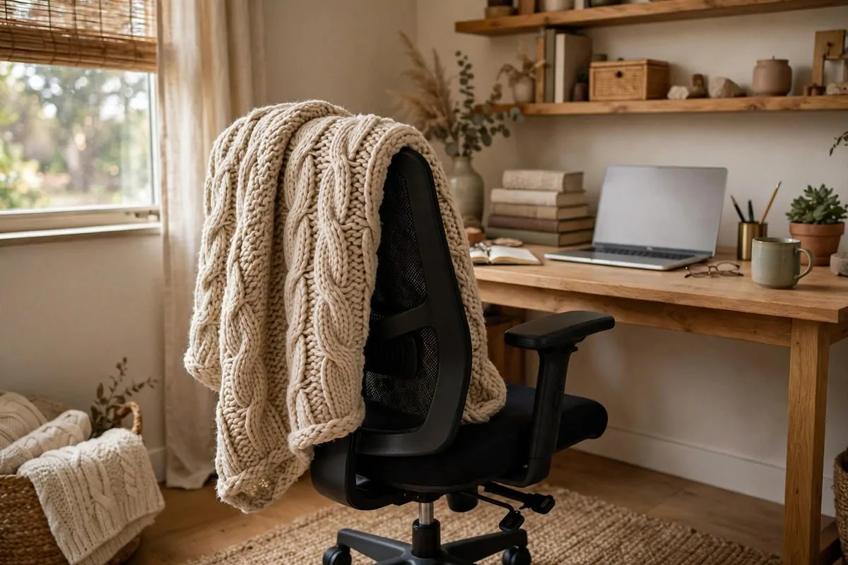 Chunky knit blanket draped over an office chair