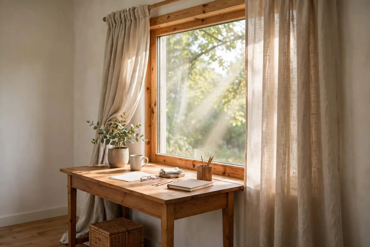 Linen curtains and a desk beside a bright window