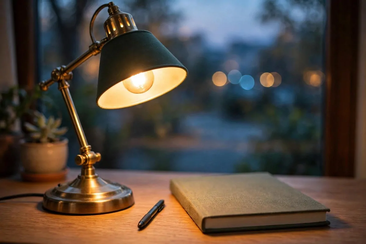 Warm glowing desk lamp close-up at dusk