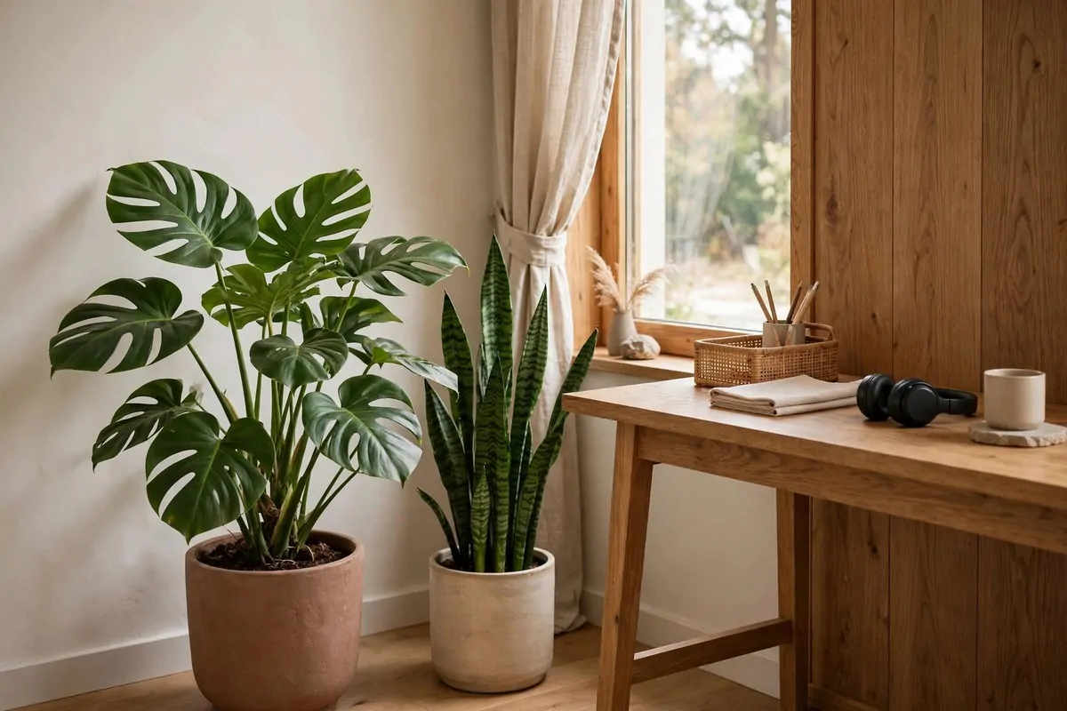 Monstera and snake plant beside a home office desk