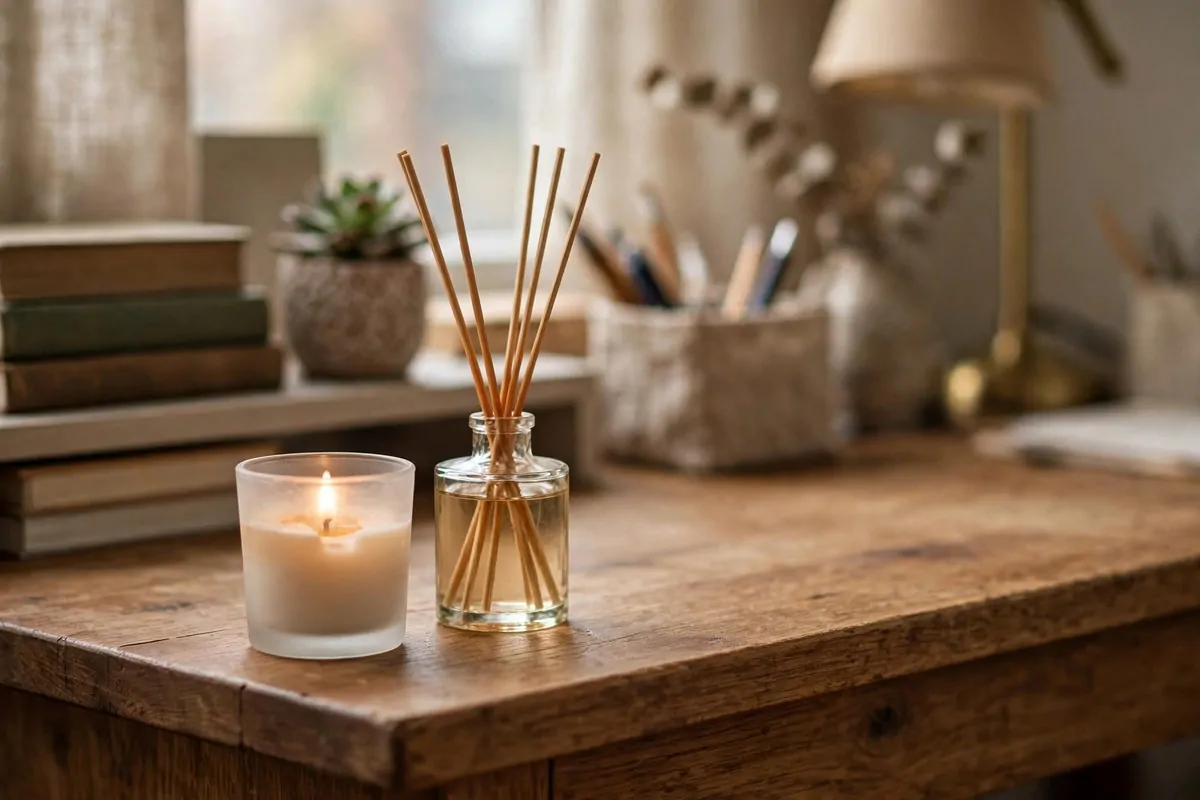Lit scented candle and reed diffuser on a desk edge