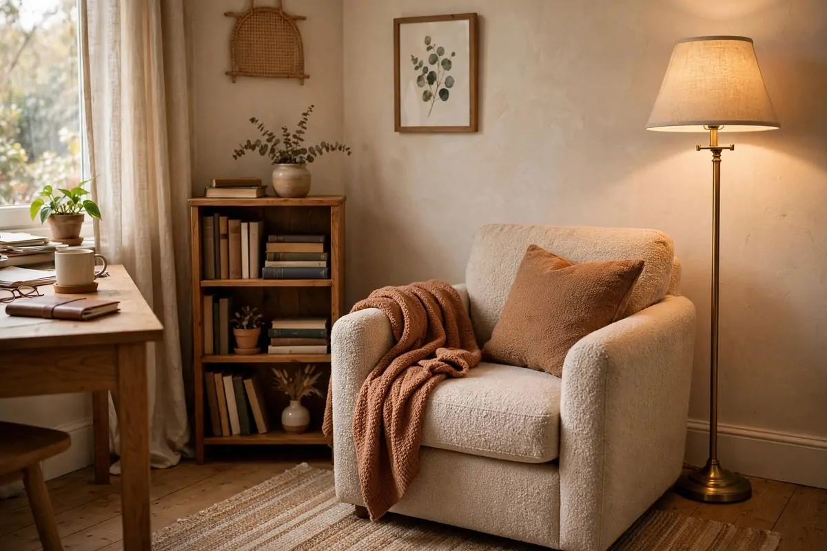 Armchair with floor lamp in a warm reading corner