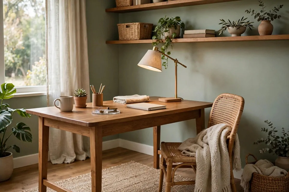 Home office with soft sage green walls and wooden desk