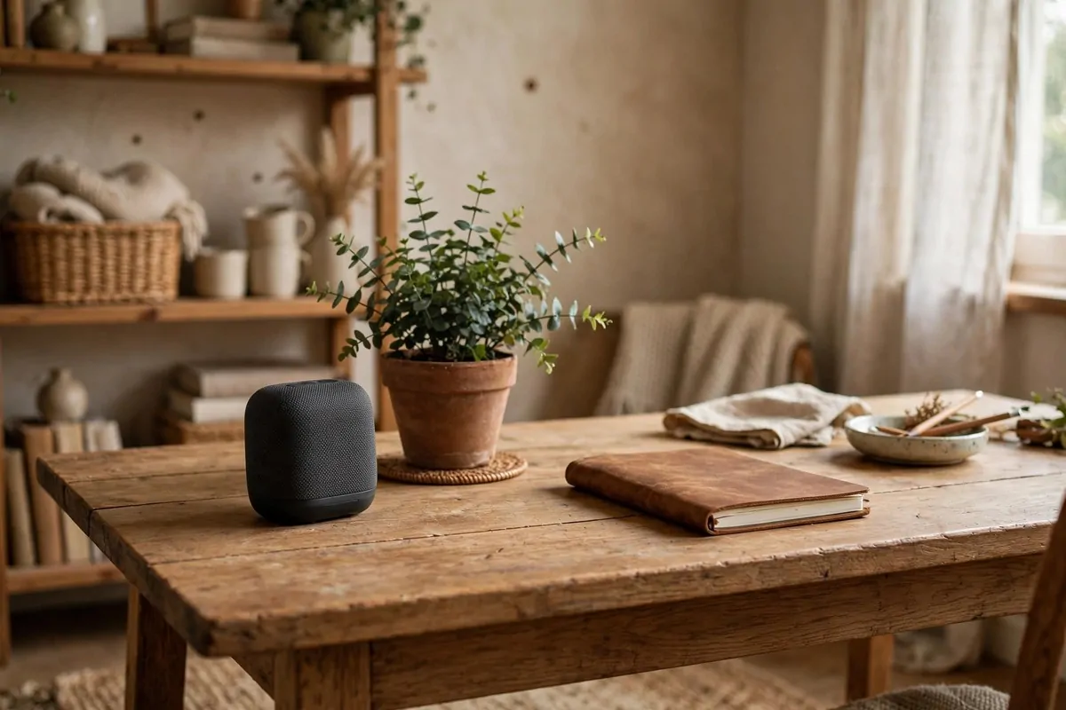 Small speaker, plant and notebook on a desk