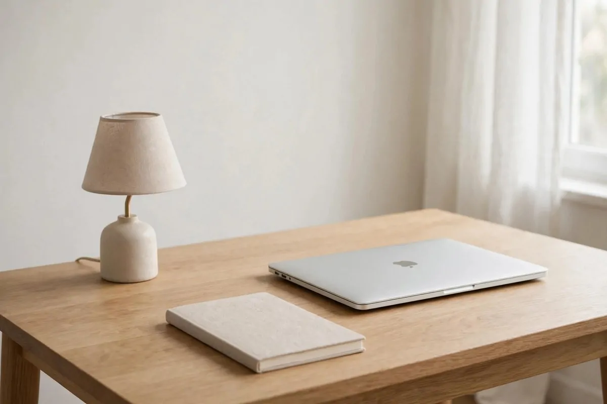 Minimalist tidy desk with laptop, lamp and notebook