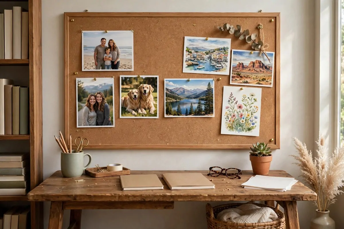 Cork board with photos and postcards above a desk