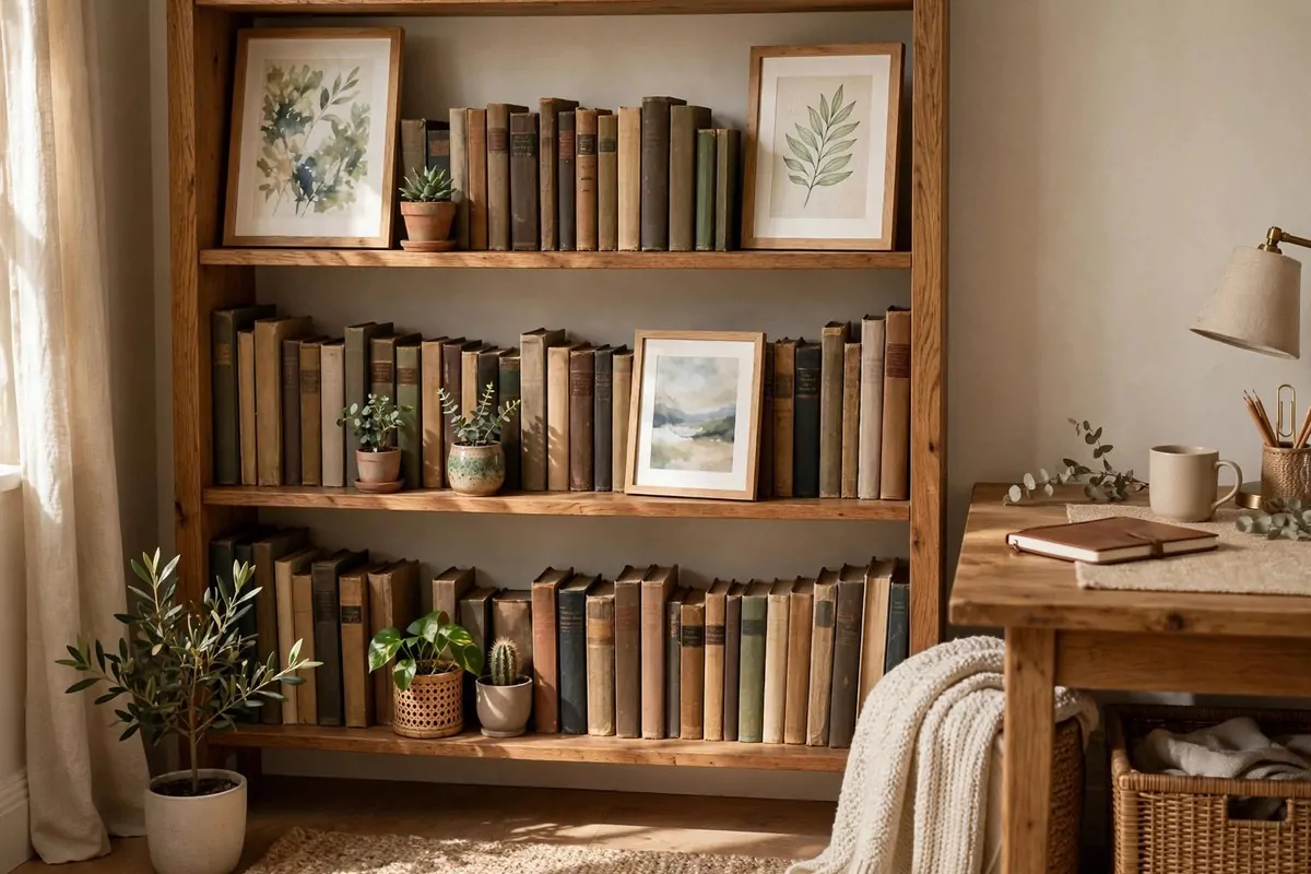 Wooden bookshelf filled with books, plants and art
