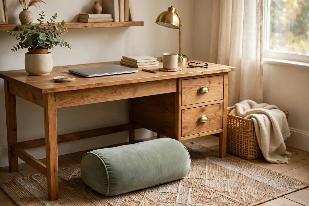 Soft footrest cushion under a desk on a rug