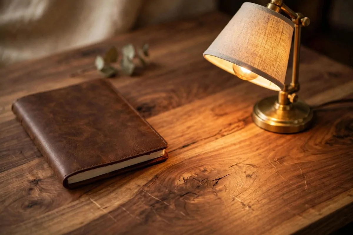 Walnut wood desk surface with lamp and notebook