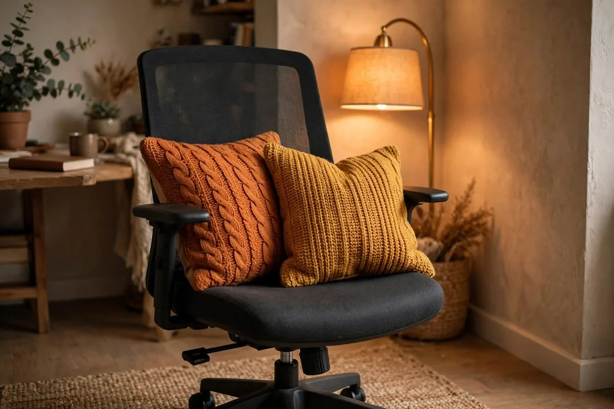 Office chair with two knit throw pillows