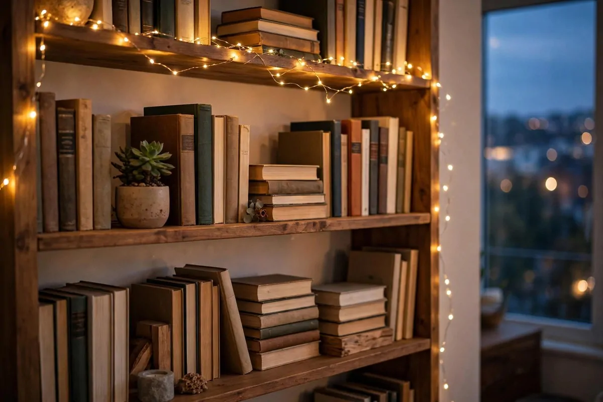 Bookshelf decorated with warm fairy lights