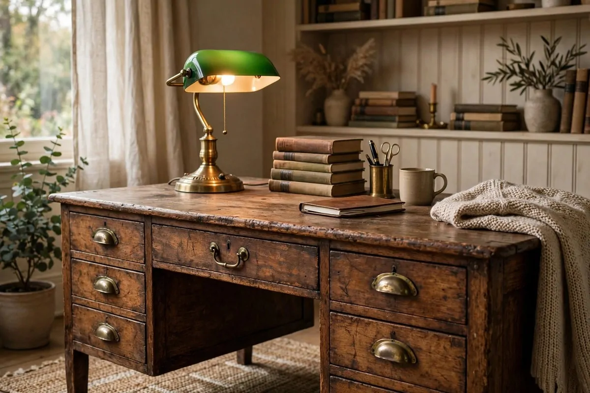 Antique wooden desk with brass handles and lamp