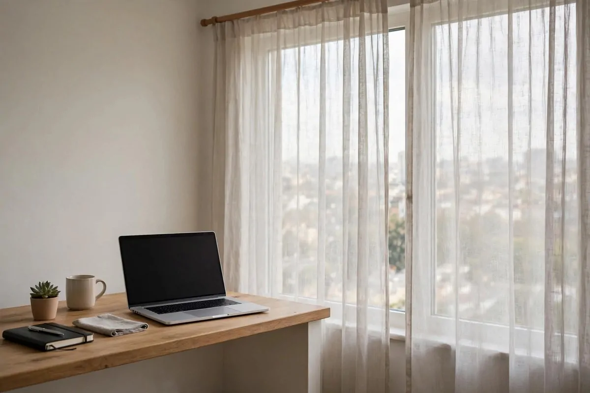 Light-filtering curtains over a window by a desk