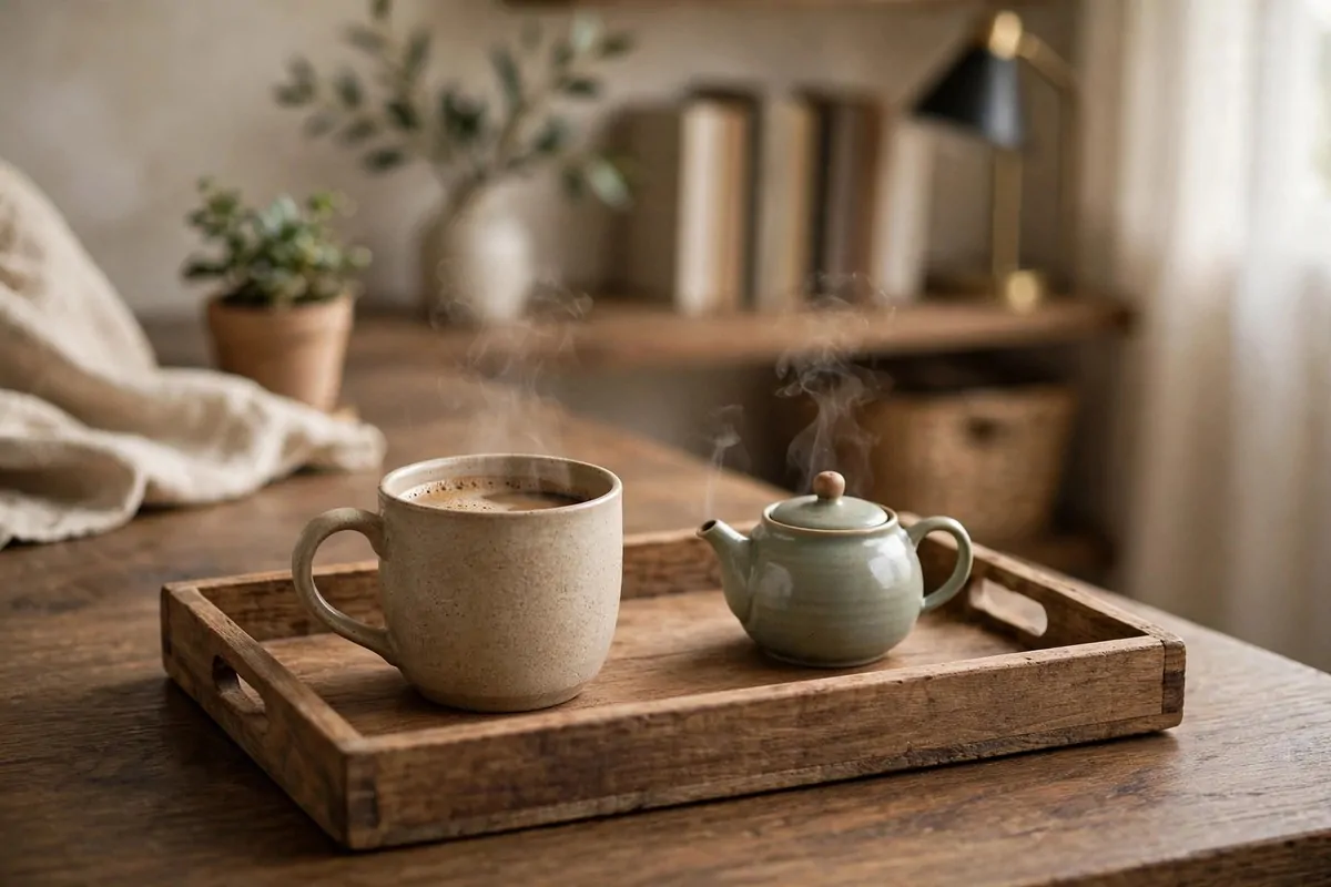 Mug of coffee and small teapot on a wooden tray