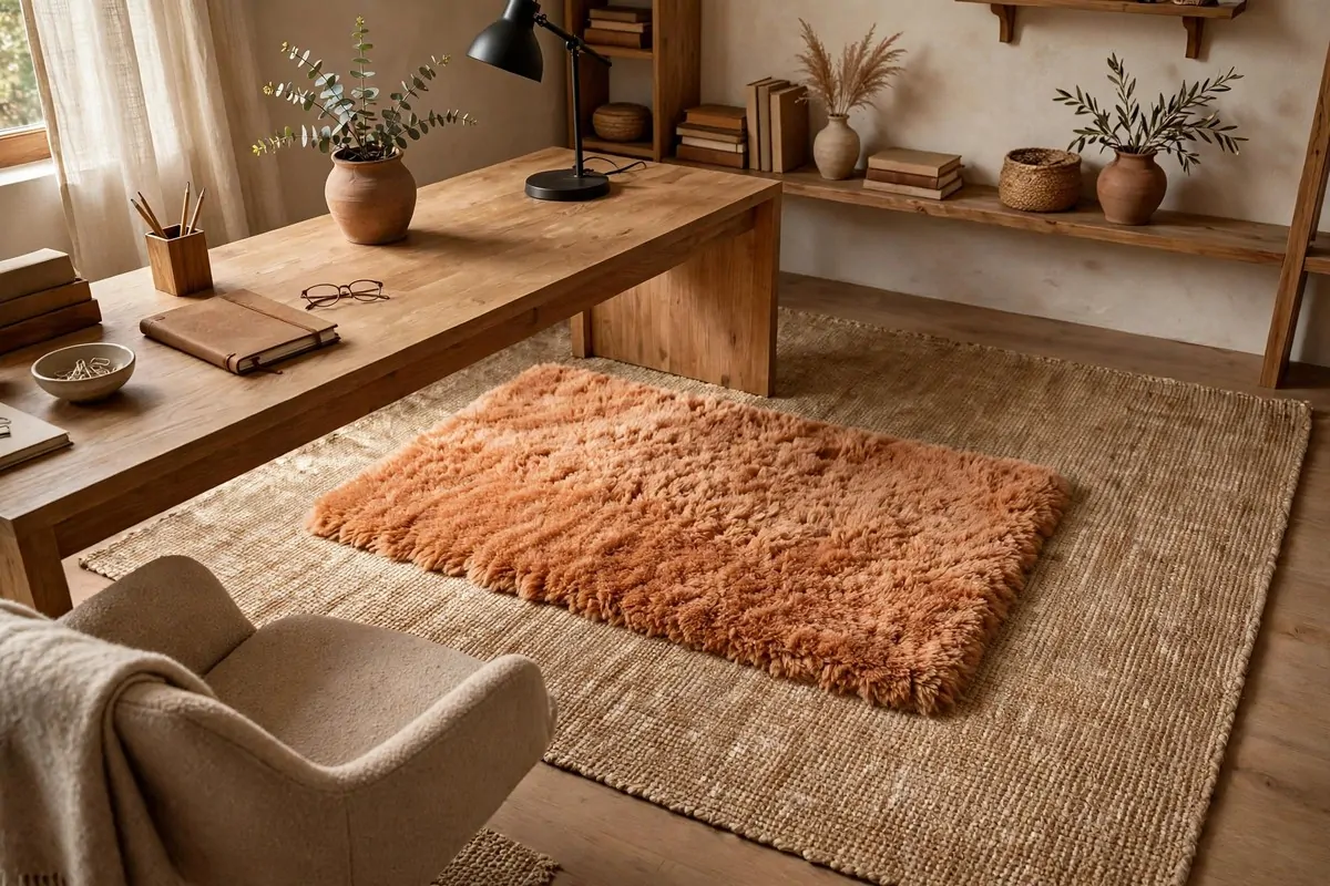 Two layered rugs under a desk area
