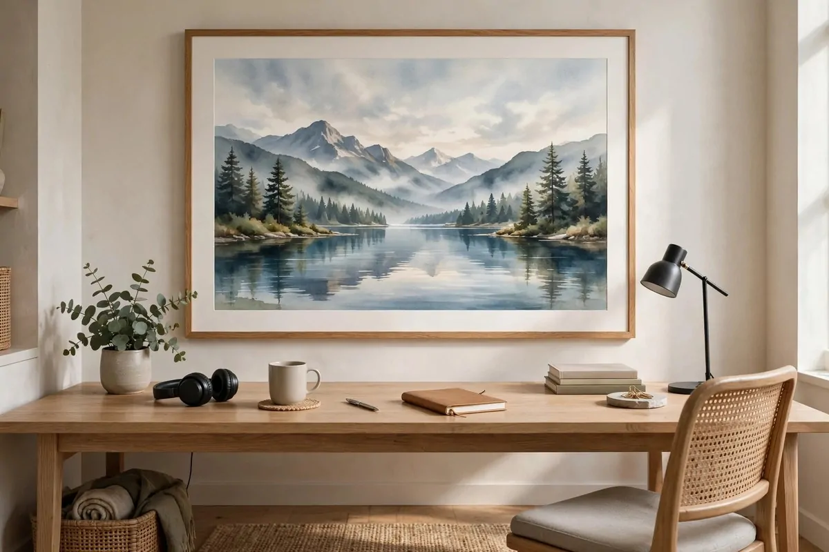 Large landscape art print above a home office desk