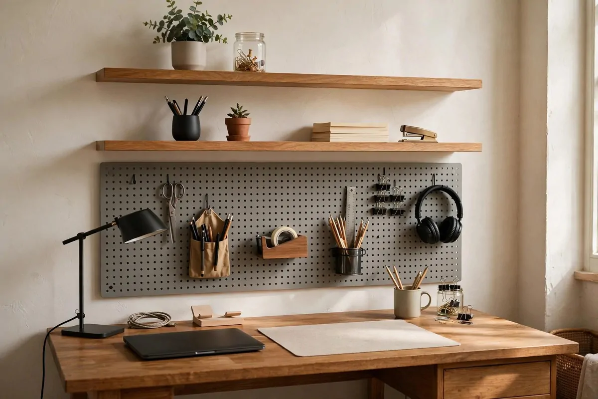 Pegboard and floating shelves above a desk
