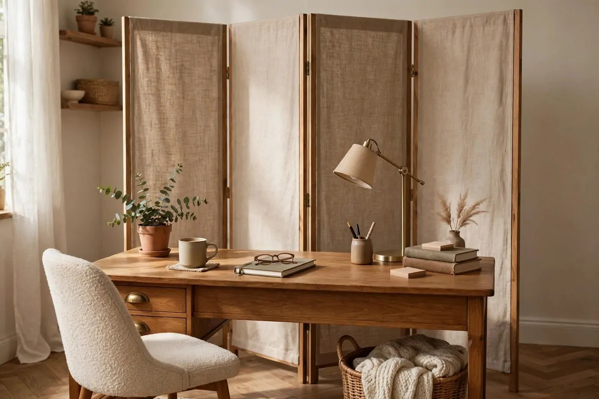 Fabric folding room divider behind a desk