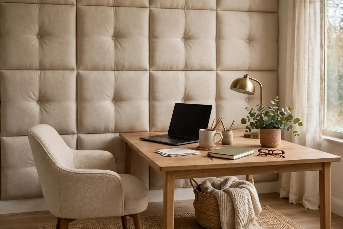 Upholstered fabric wall panels behind a desk