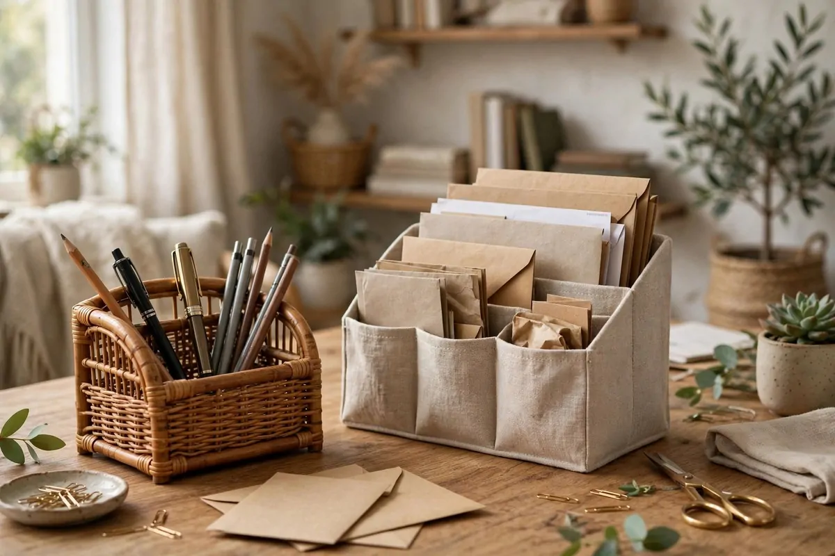 Linen and rattan desk organizers holding pens