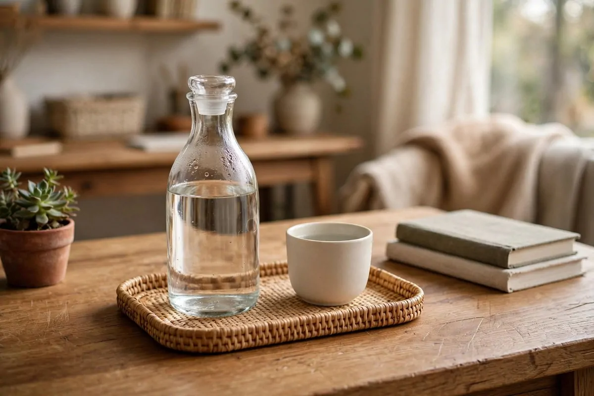 Glass water carafe and cup on a tray