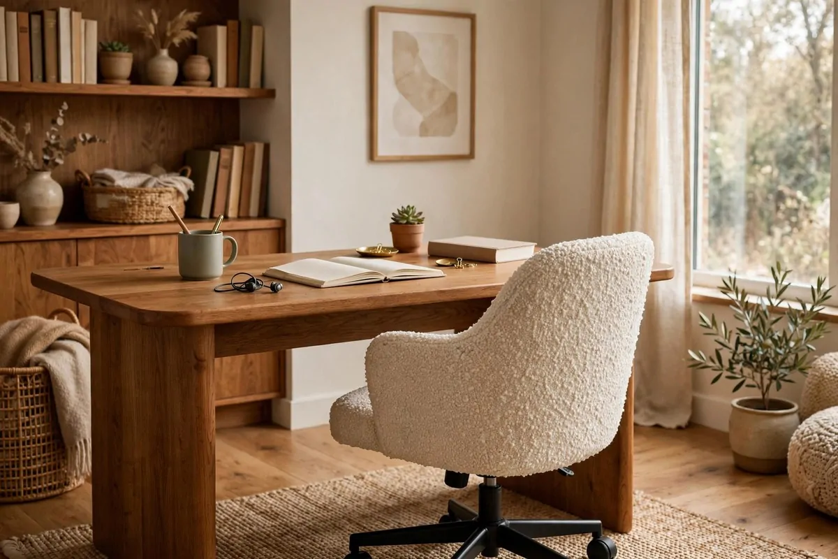 Boucle fabric office chair at a wooden desk