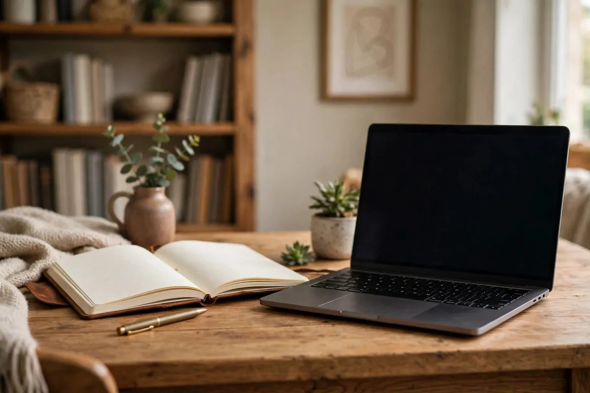Open journal and pen beside a laptop