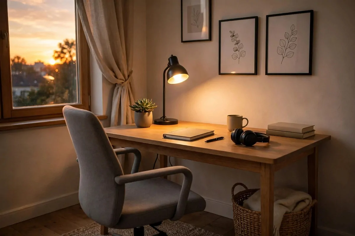 Tidy desk at sunset with lamp on and chair pushed in
