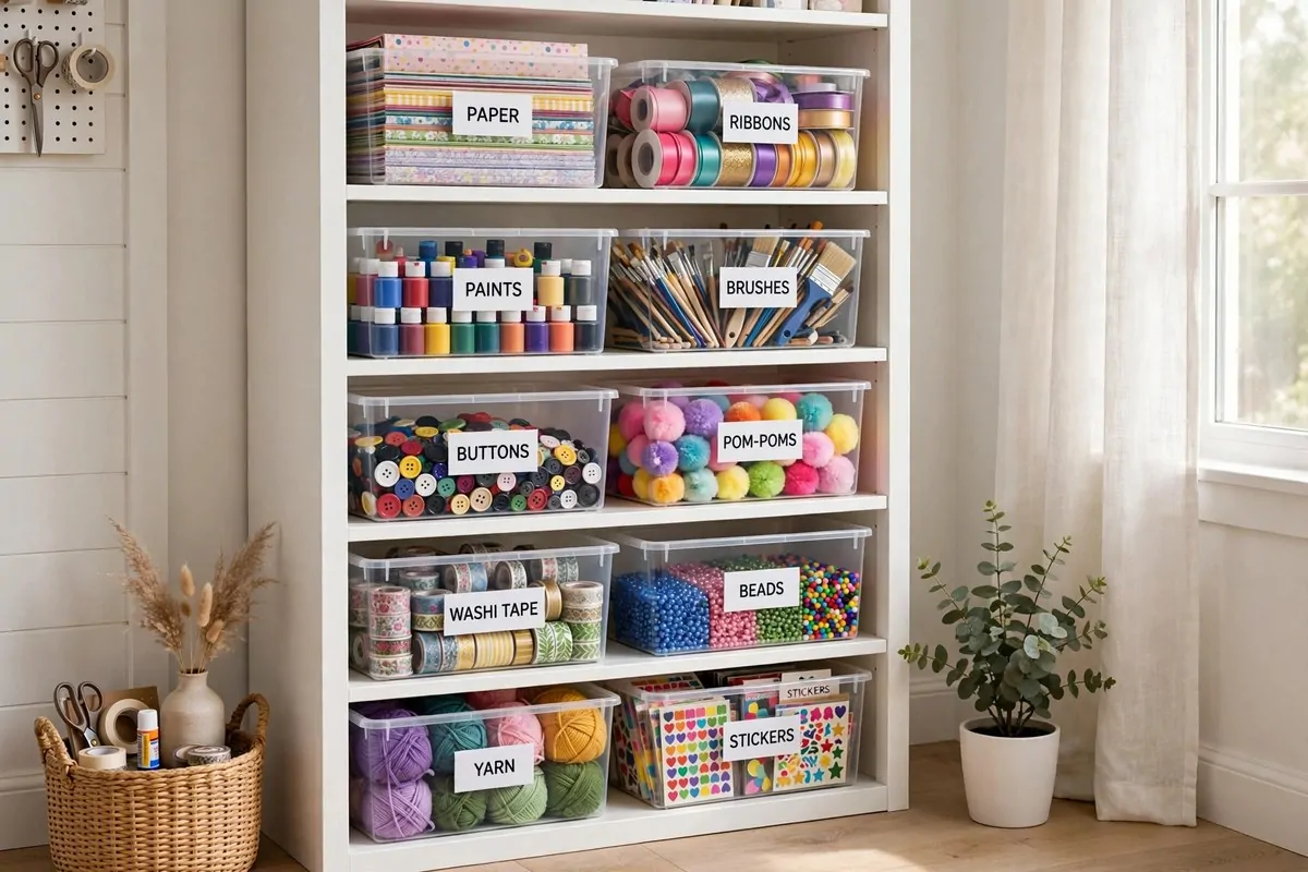 Labelled clear storage bins
