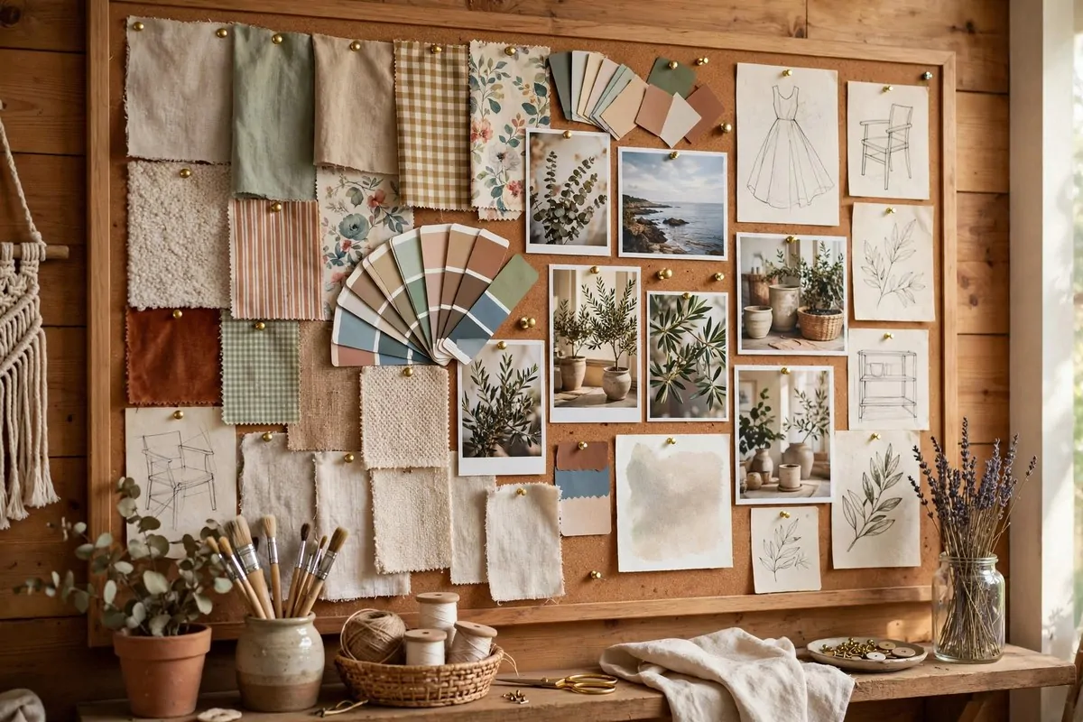 Mood board wall with pinned inspiration