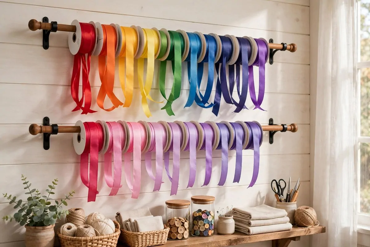 Ribbon spools hanging on curtain rods
