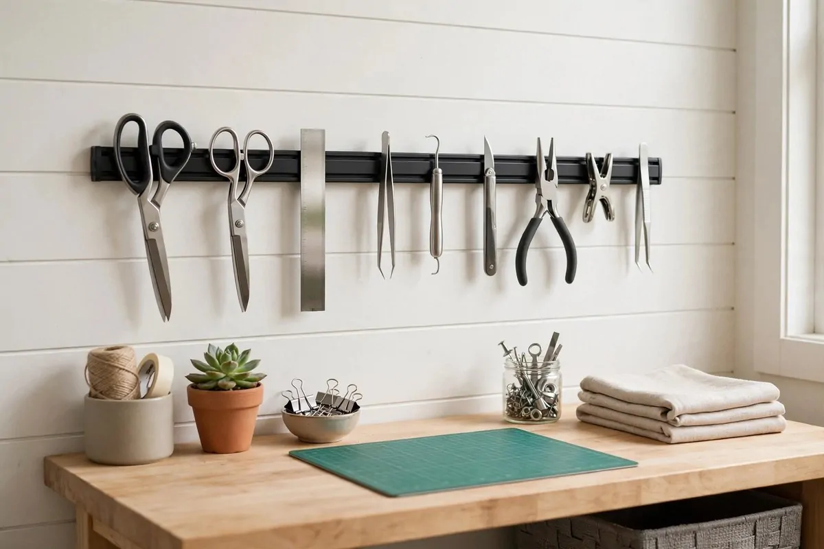Magnetic strips holding craft tools