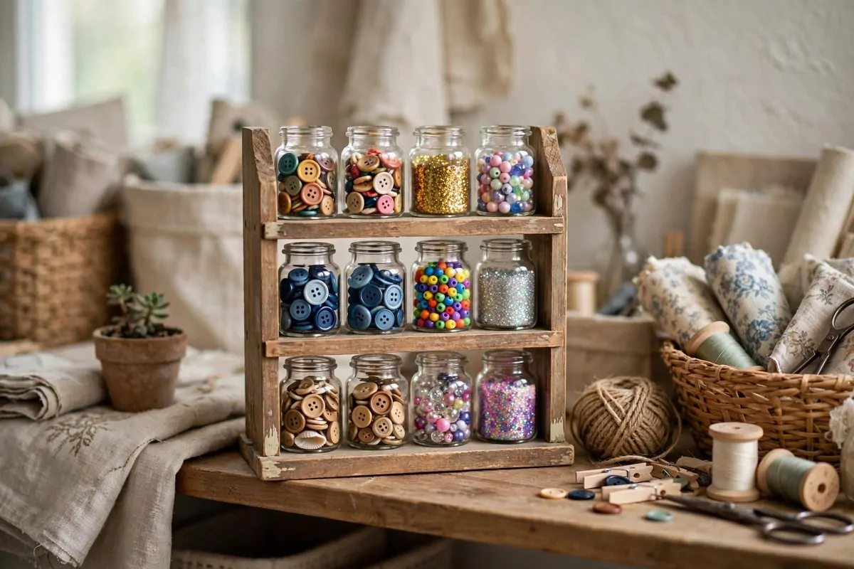 Spice rack jars storing buttons and beads