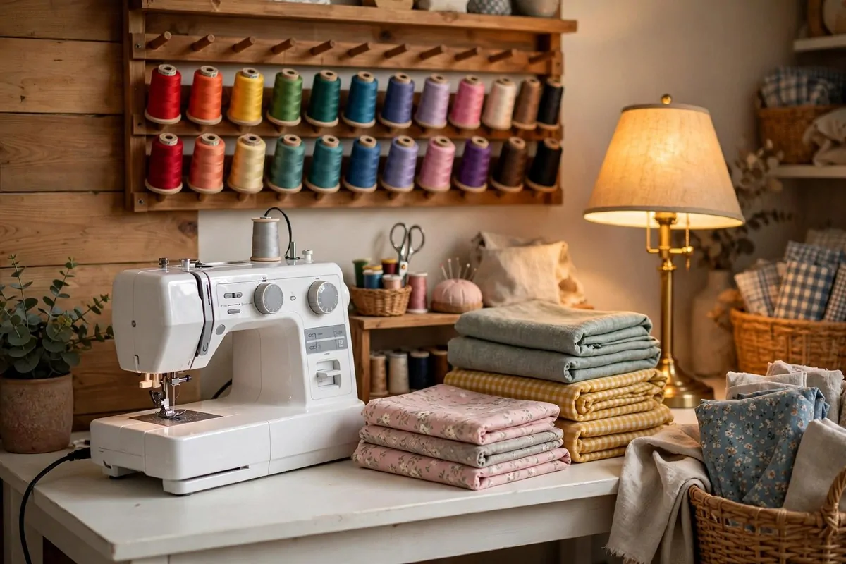 Cosy sewing nook with machine ready to go