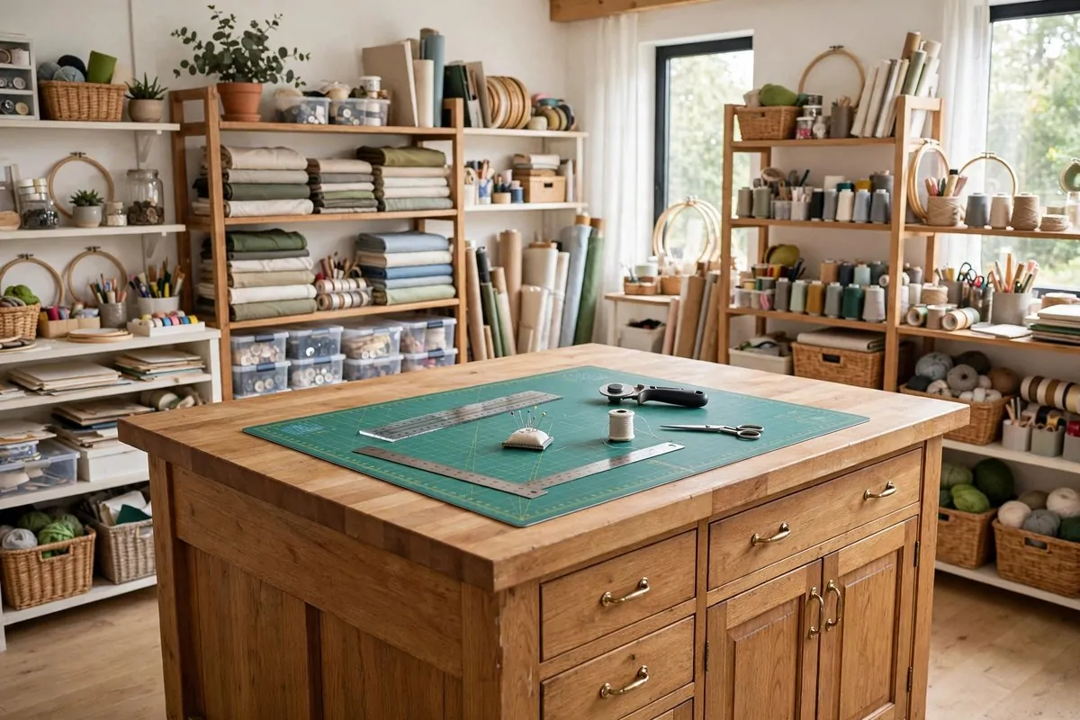 Big cutting table in the middle of the room