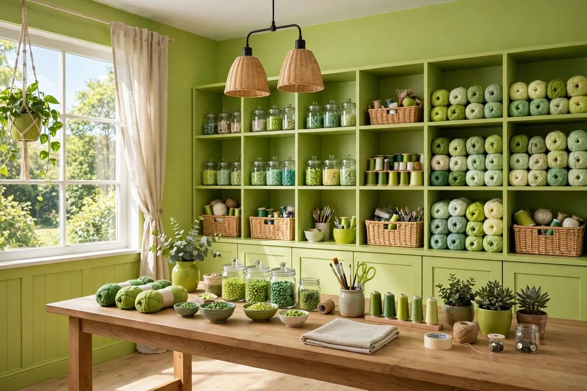 Lime green walls with a graphic ceiling