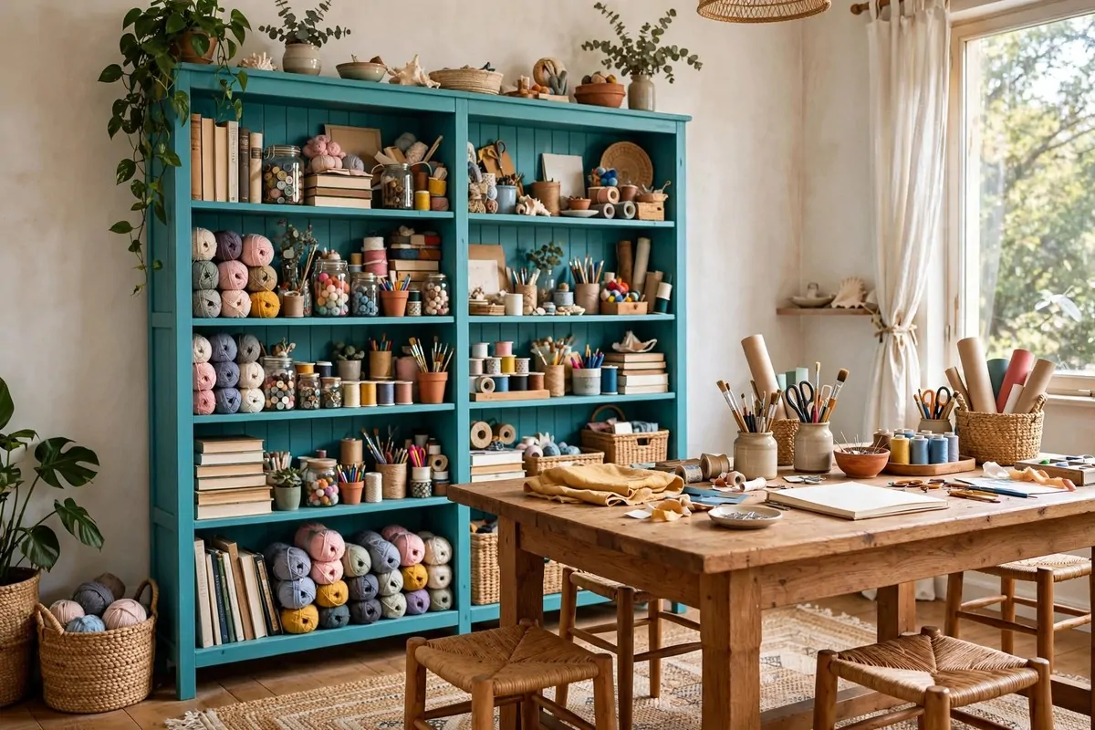 Turquoise bookshelf focal point