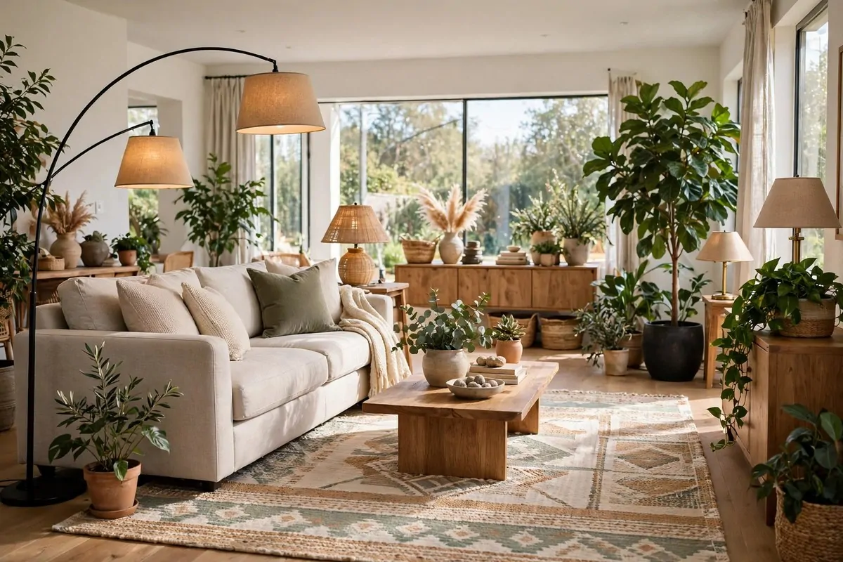 A bright welcoming living room with a sofa pulled off the wall, a large rug, layered lamps and plants