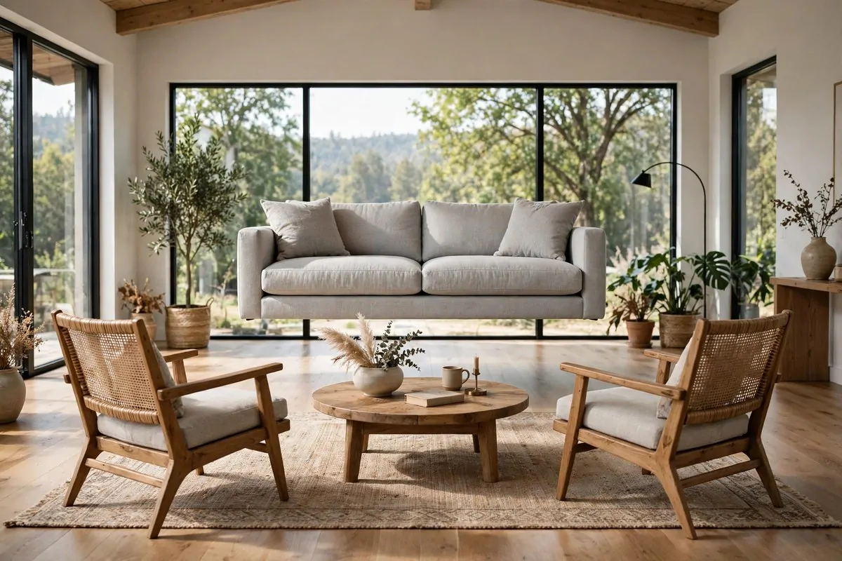 30 Design Ideas to Steal for Every Room in Your Home 1 A living room with a sofa floated in the middle of the room facing two chairs and a coffee table