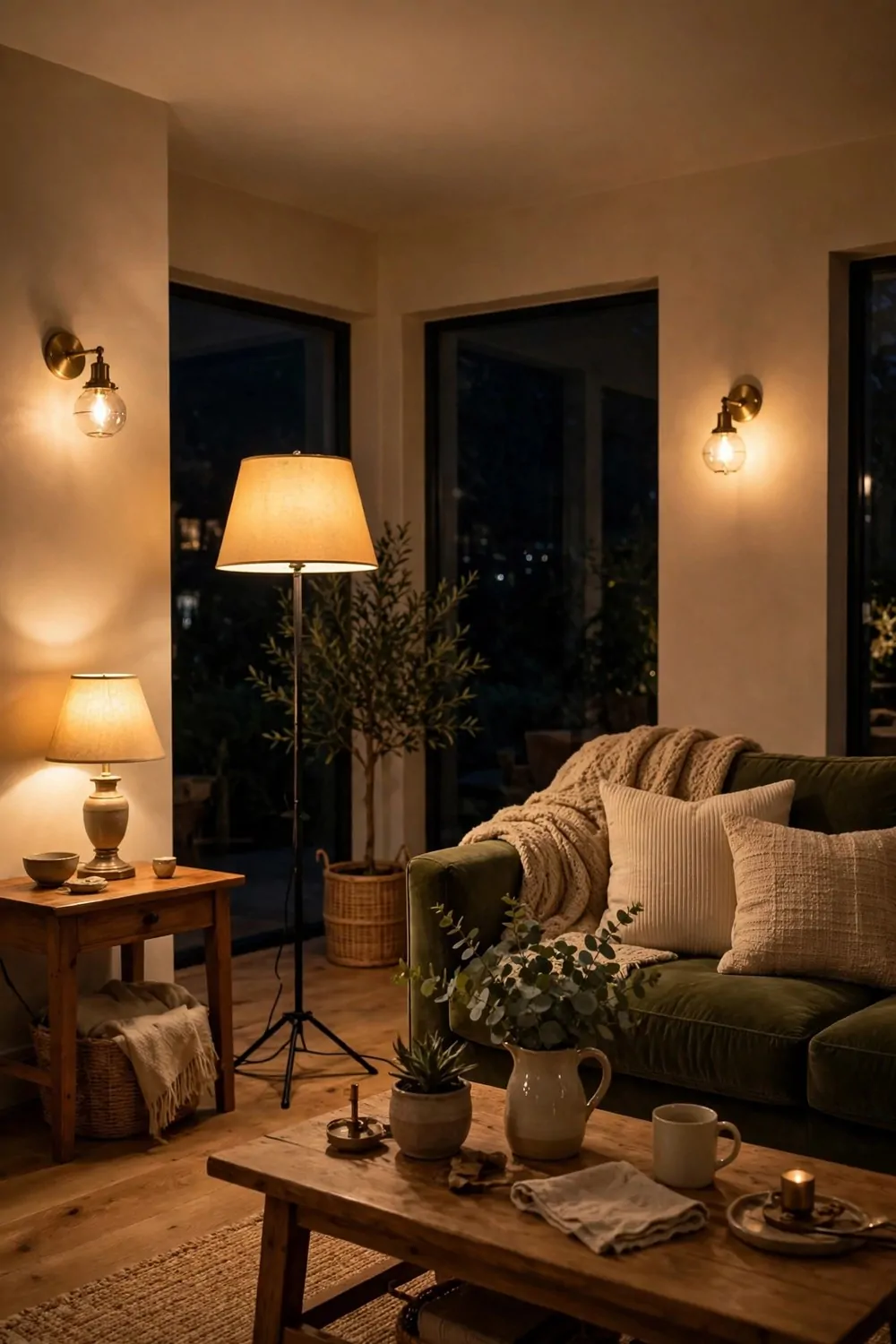 30 Design Ideas to Steal for Every Room in Your Home 3 A living room at night lit by a floor lamp, a table lamp and warm wall light instead of one ceiling light