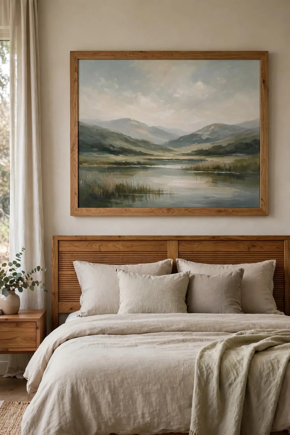 30 Design Ideas to Steal for Every Room in Your Home 5 A large framed artwork hung at eye level above a wooden headboard in a bedroom
