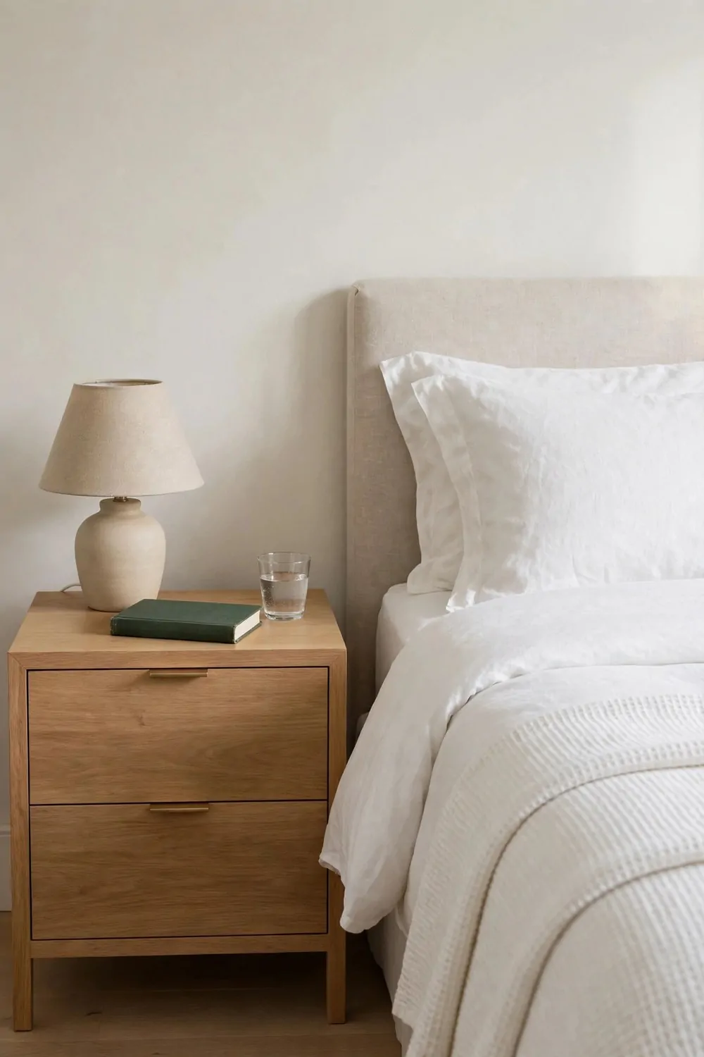 30 Design Ideas to Steal for Every Room in Your Home 6 A tidy nightstand holding only a lamp, a book and a small glass of water beside a bed
