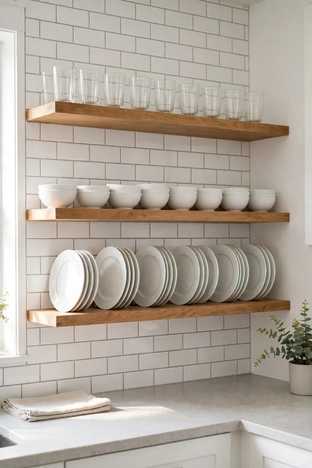 30 Design Ideas to Steal for Every Room in Your Home 7 Open kitchen shelves holding everyday white dishes, bowls and glasses in a neat row