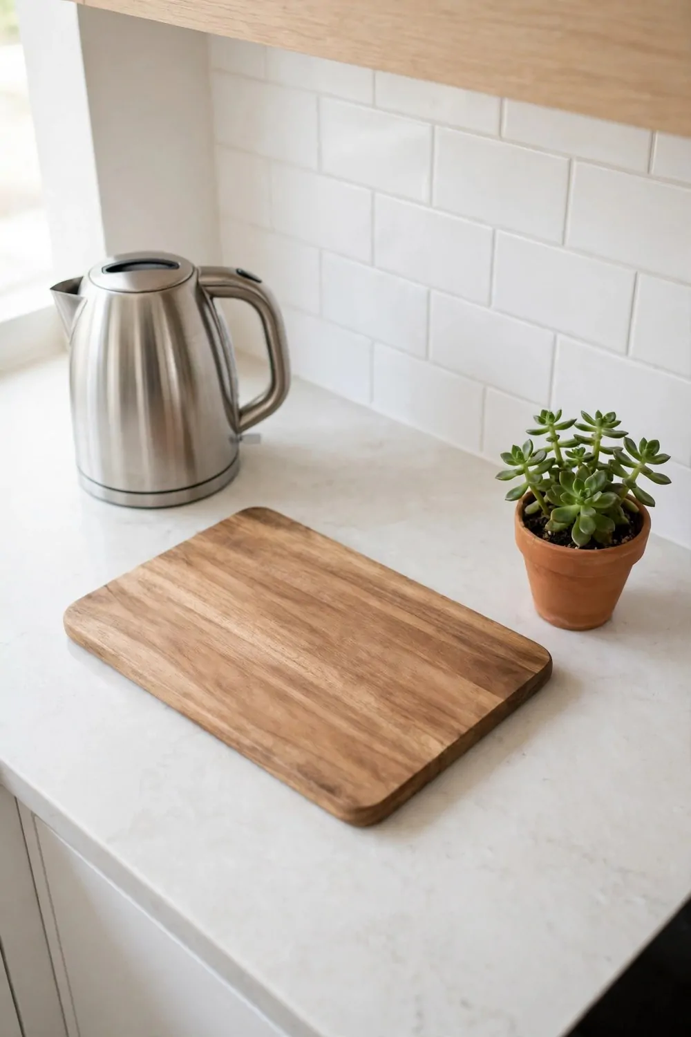 30 Design Ideas to Steal for Every Room in Your Home 8 A clean kitchen counter with only a kettle, a cutting board and a small plant on it