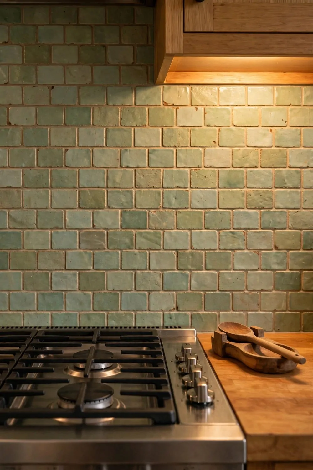 30 Design Ideas to Steal for Every Room in Your Home 9 A kitchen backsplash of soft green handmade tiles behind a stove with a wooden spoon rest